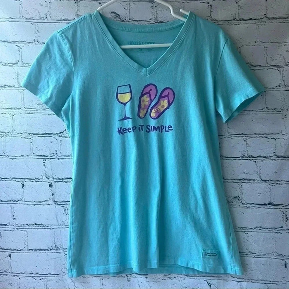 Life is Good Summer Fun Light Blue V Neck‎ Tee Size Small - Picture 1 of 4